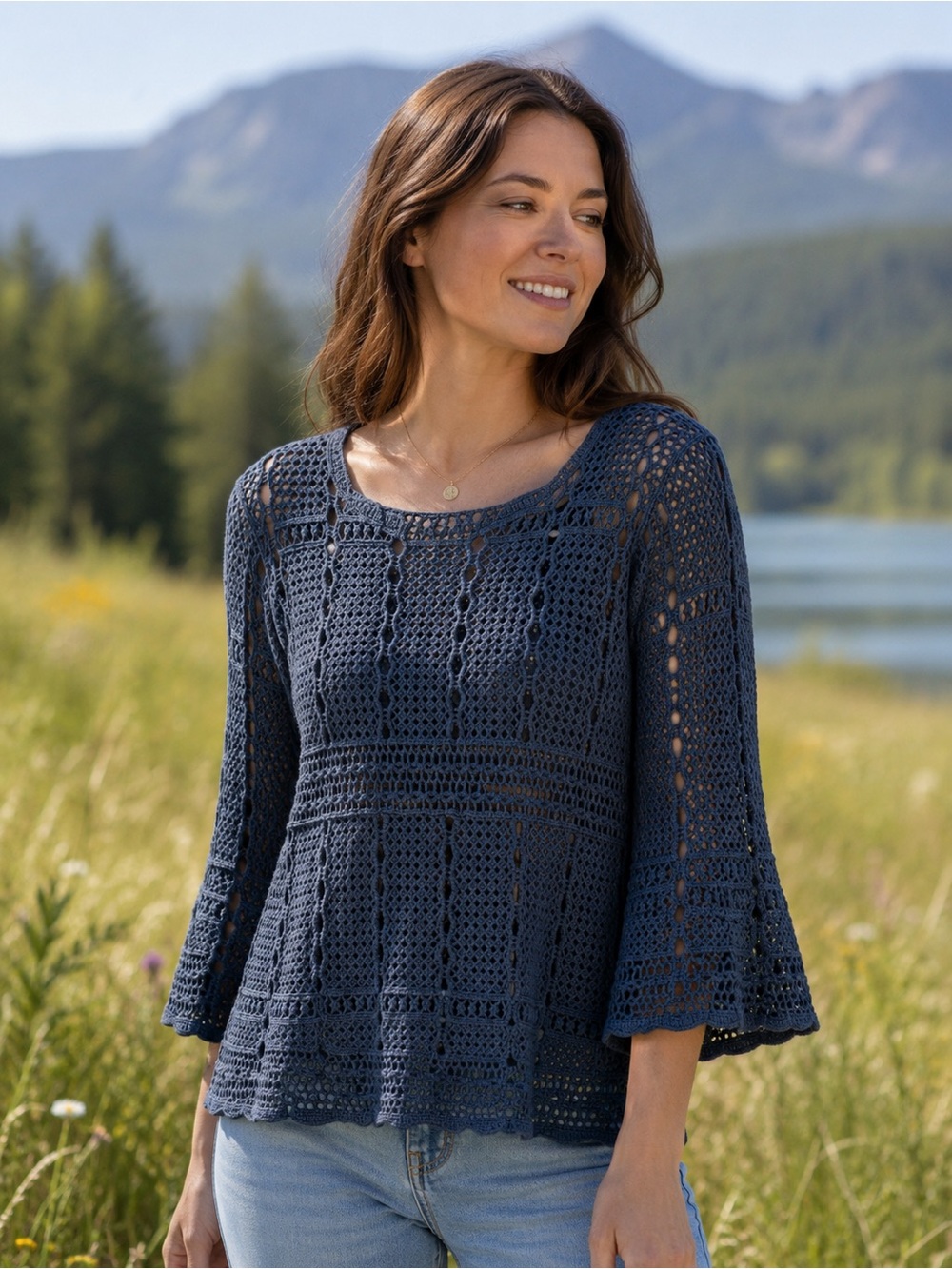 ORIGAMI Cotton Boho Navy Crochet Knit Sweater With Bell Sleeves Size S/M